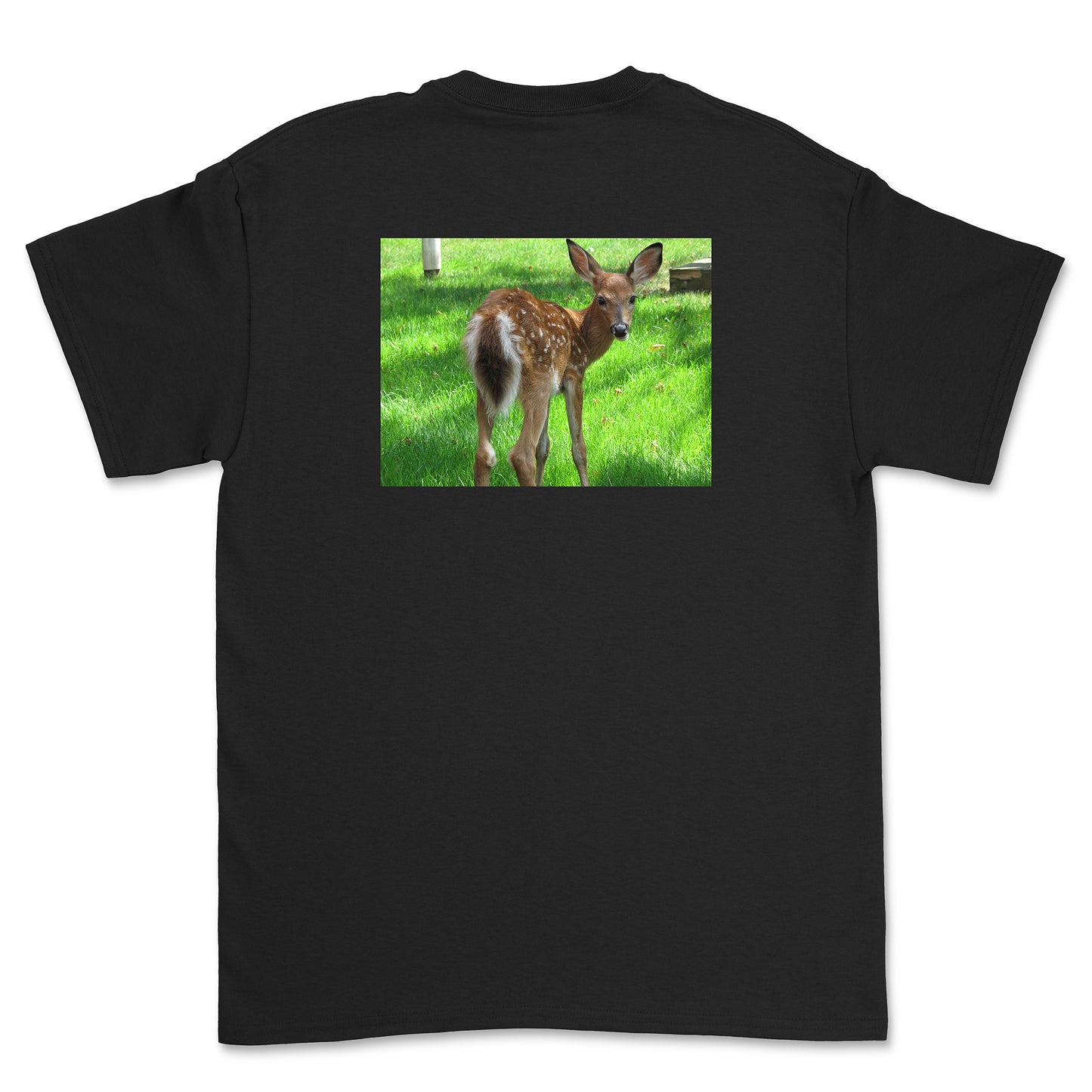 Black t-shirt with a deer on a grassy field printed on the back
