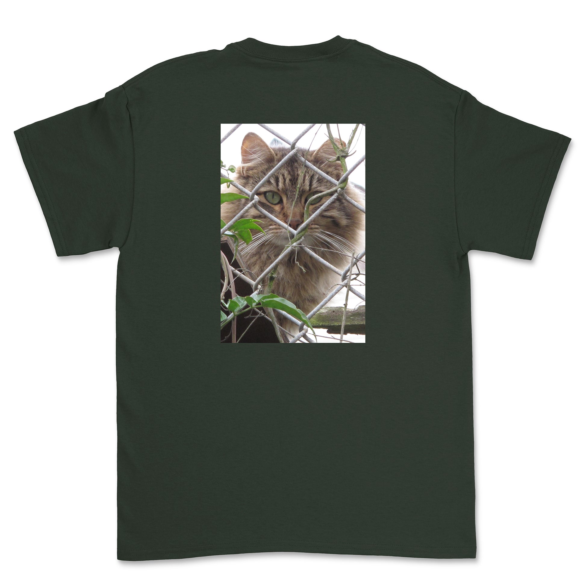 Black t-shirt with a cat behind a chain-link fence on the back