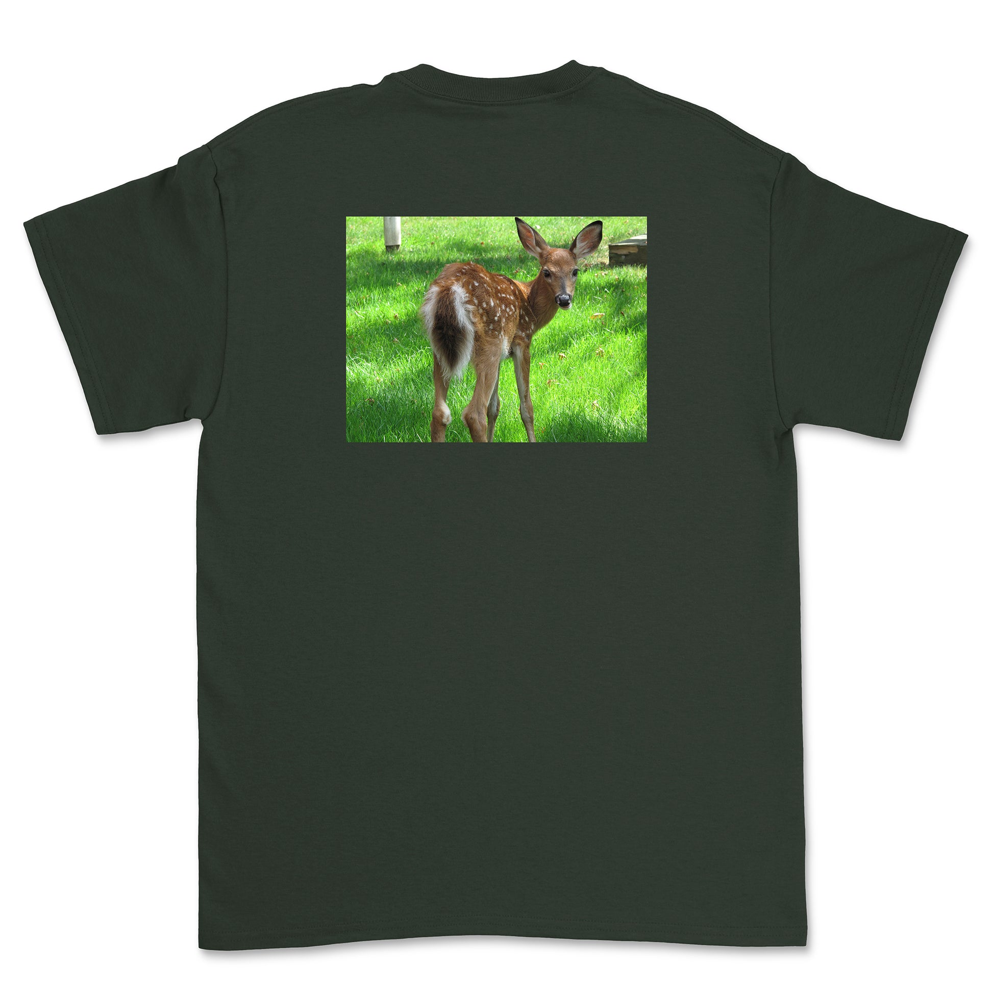 Black t-shirt with a deer on a grassy field printed on the back