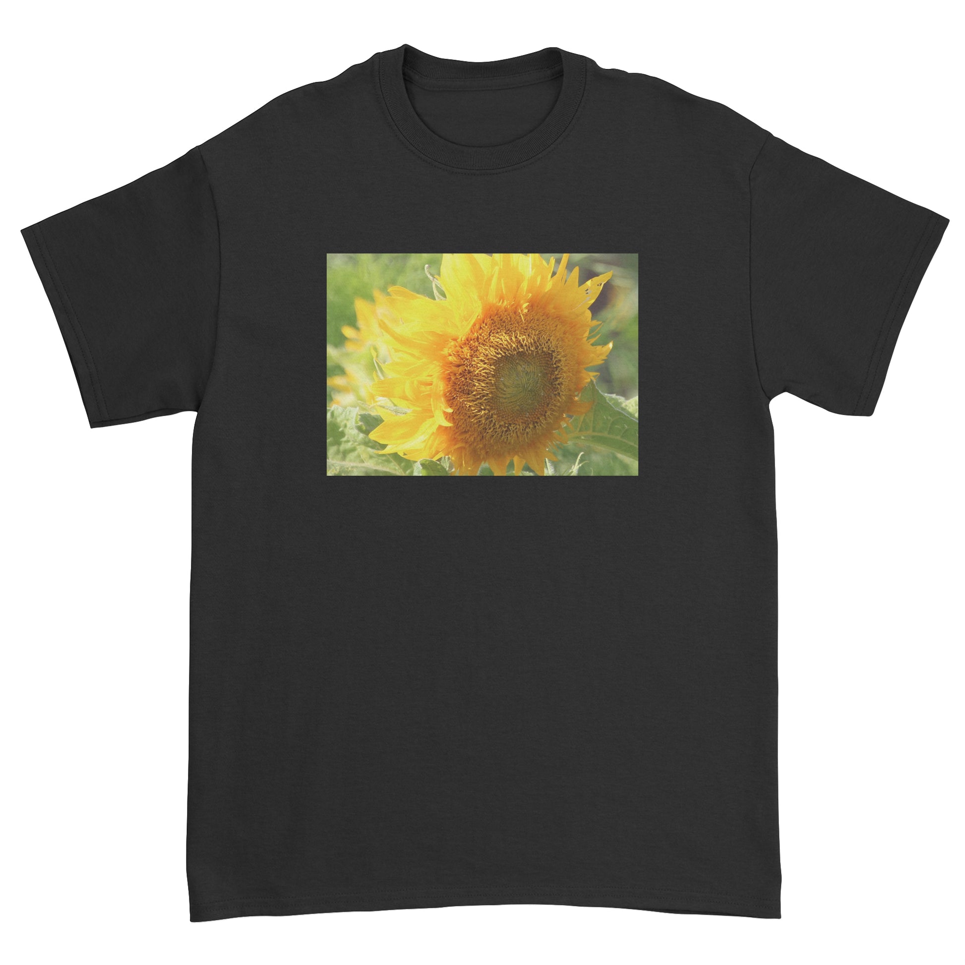 Black t-shirt with a sunflower graphic on a white background