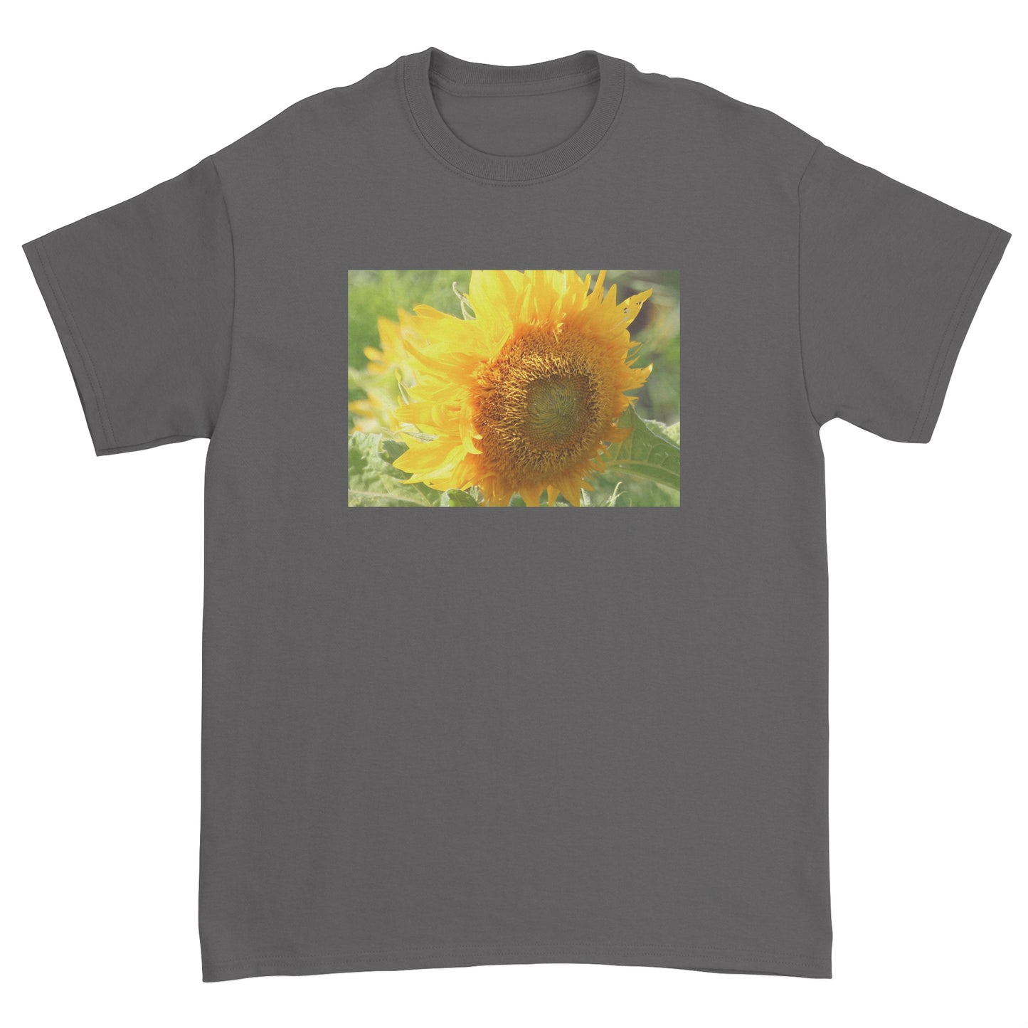 Gray t-shirt with a sunflower graphic on a white background