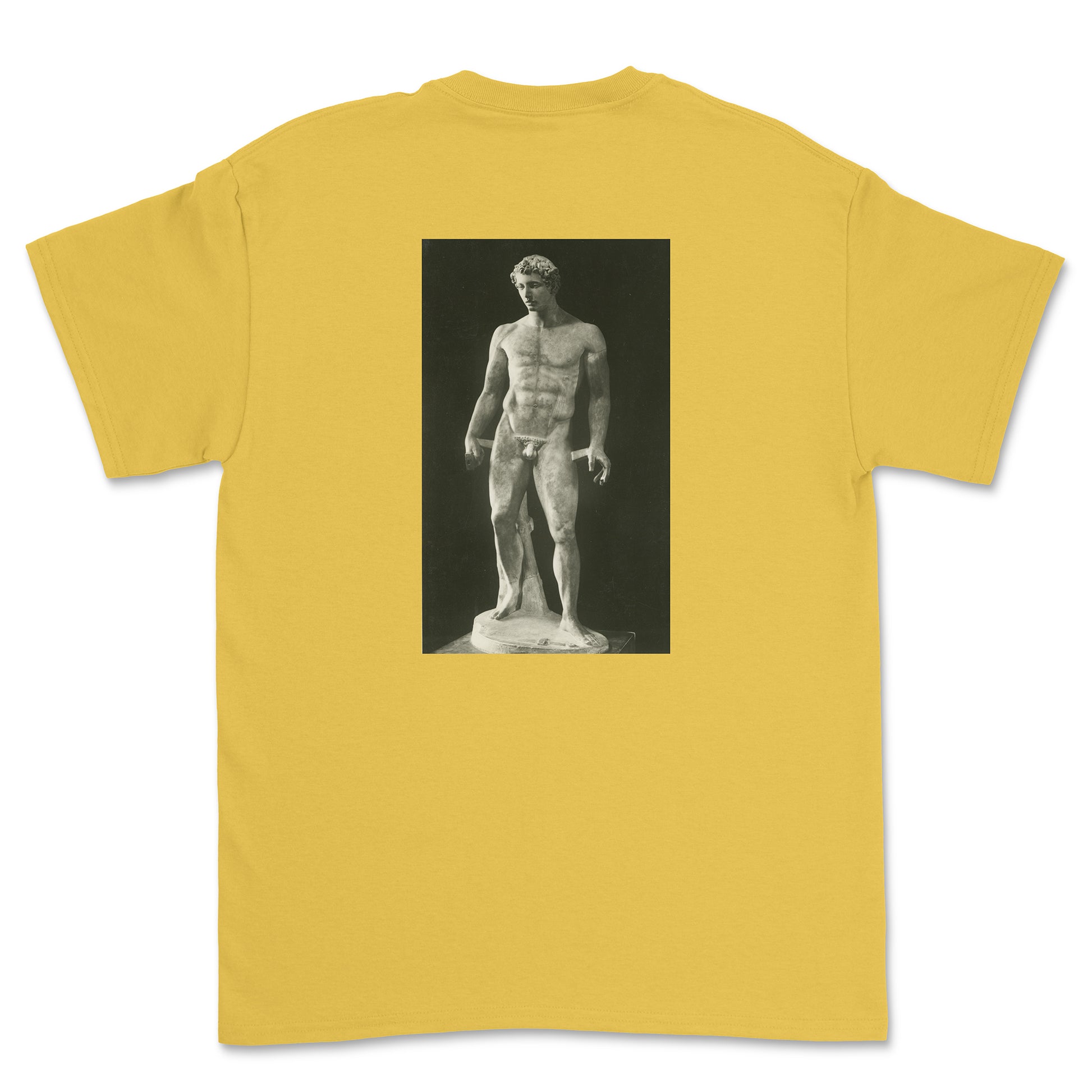Yellow t-shirt with a black and white statue graphic on the back