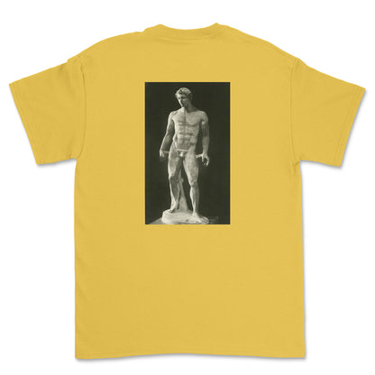 Yellow t-shirt with a black and white statue graphic on the back