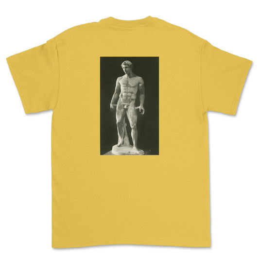 Yellow t-shirt with a black and white statue graphic on the back