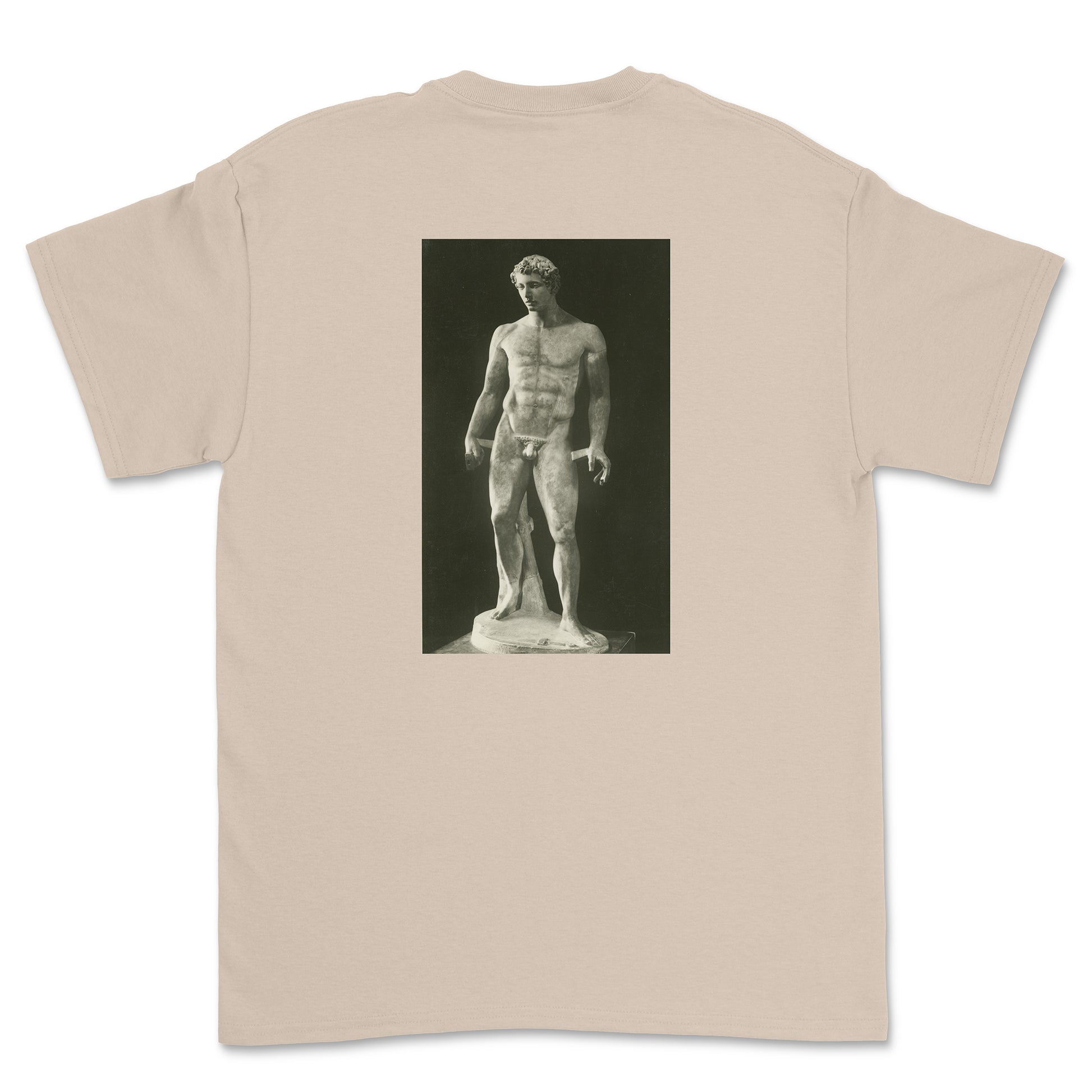 Beige t-shirt with a graphic of a classical statue on the back