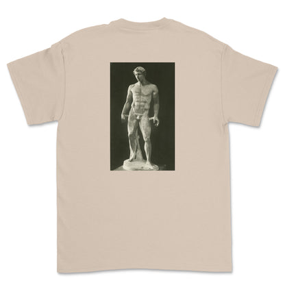 Beige t-shirt with a graphic of a classical statue on the back