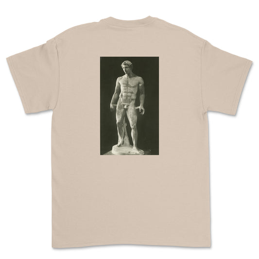 Beige t-shirt with a graphic of a classical statue on the back