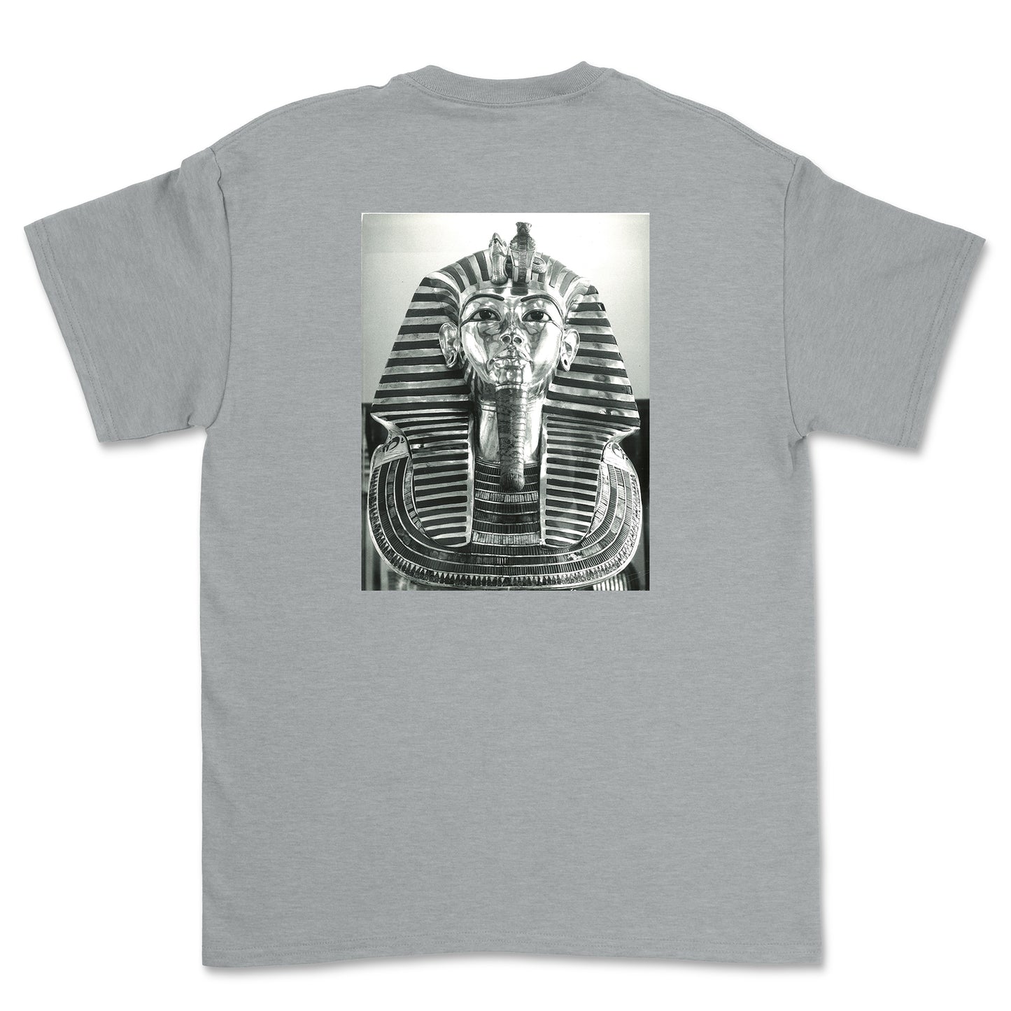 Gray t-shirt with a black and white graphic of an Egyptian pharaoh's mask on the back.