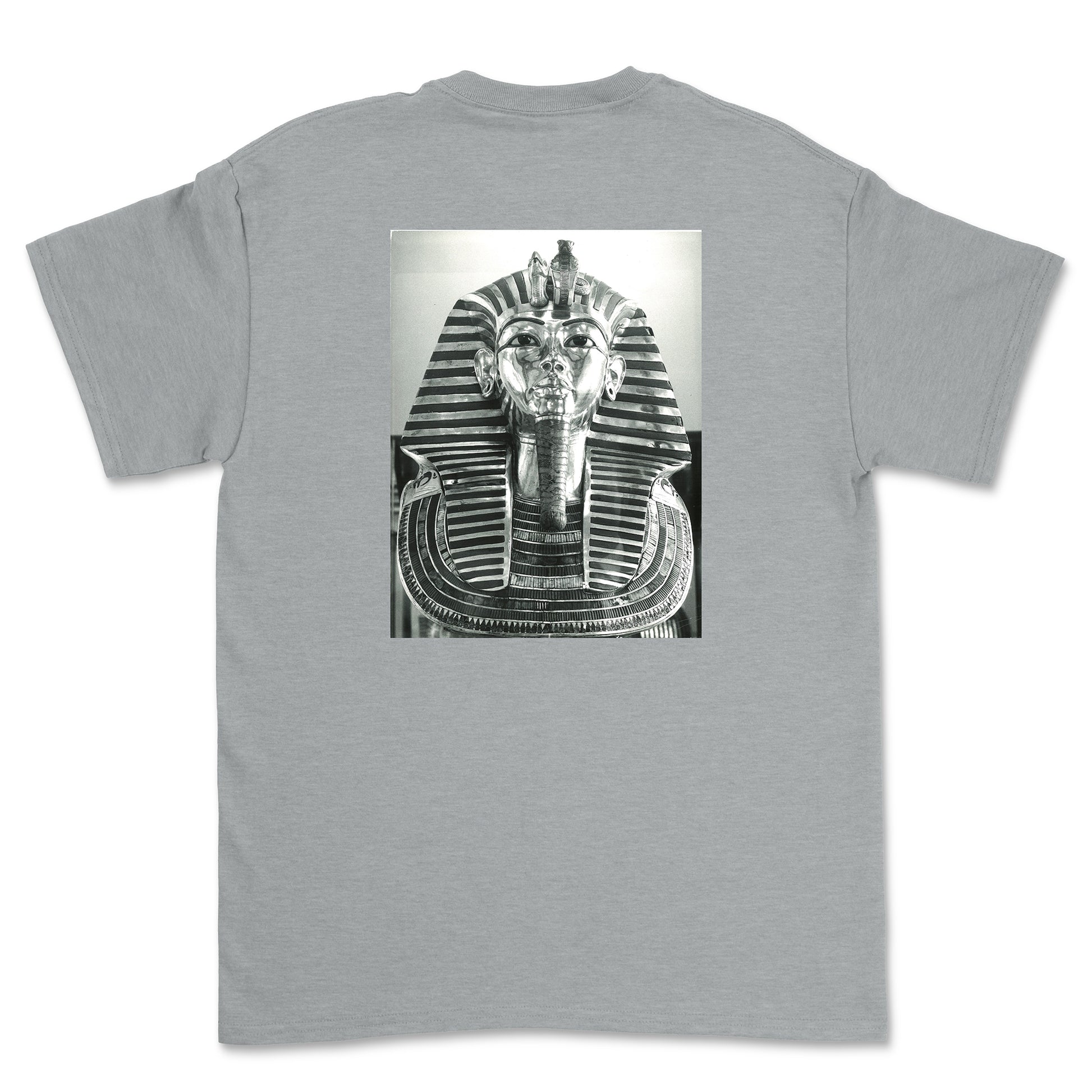 Gray t-shirt with a black and white graphic of an Egyptian pharaoh's mask on the back.