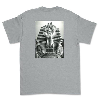 Gray t-shirt with a black and white graphic of an Egyptian pharaoh's mask on the back.
