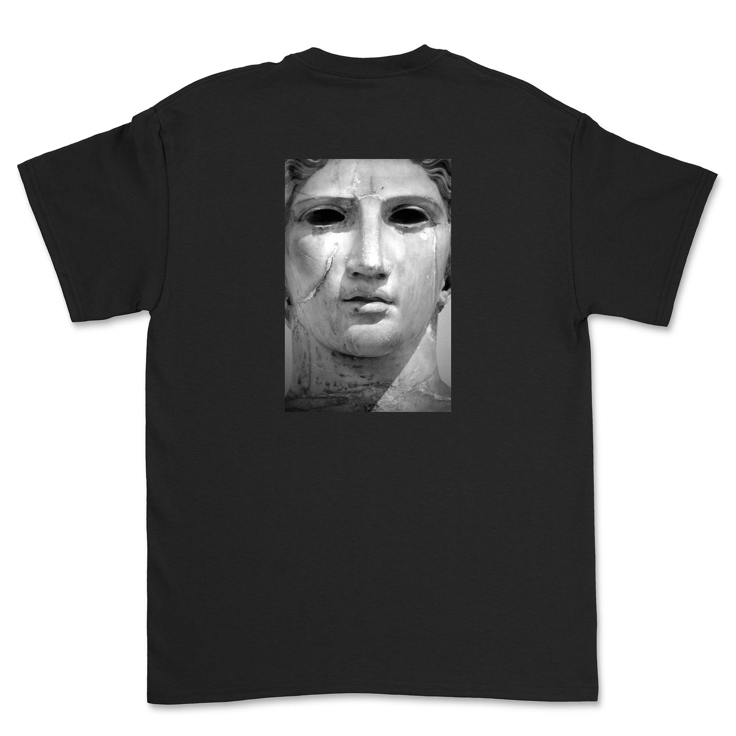 Black t-shirt with a statue face graphic on a white background